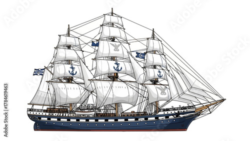 A large threemasted sailing ship with full white sails and blue anchors