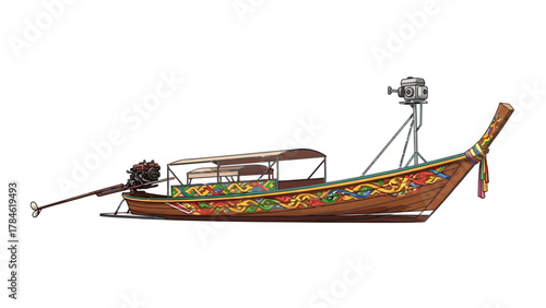 A long tail boat with a canopy and ornate carvings