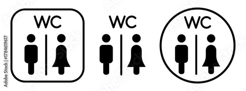 Toilet icons with WC symbols inside square and circular frames. Simple outline vector illustration showing male and female restroom signs for public facilities and navigation design.
