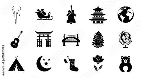 Festive Icons A Collection of Holiday, Travel, and Nature Symbols in Black and White