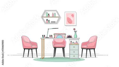 A nail salon scene with pink chairs and a white table