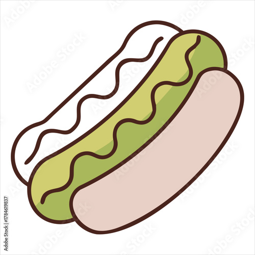 Wholesome hot dog illustration with mustard relish and bun for cookout flyers and sandwich menus