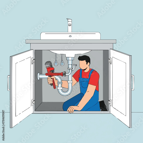 A plumber works diligently on a pipe under a sink, using a wrench to repair or install plumbing fixtures in a bathroom.