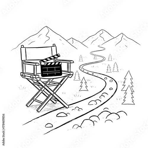 Director’s chair with clapperboard on mountain trail in line art style  