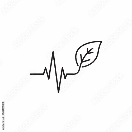 Minimalist icon of a heartbeat pulse connected to a plant leaf.