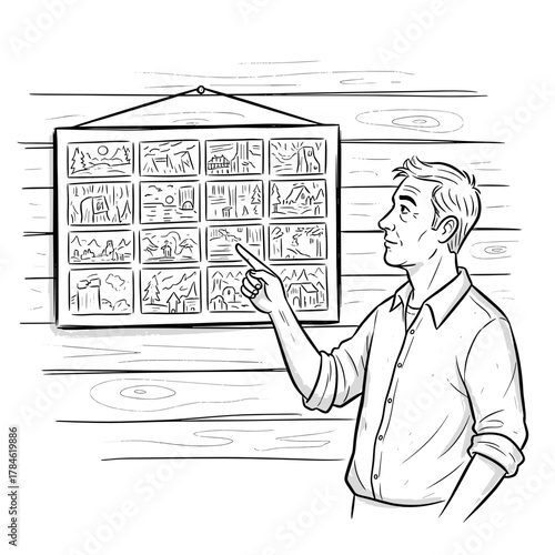 Man pointing at storyboard on wall in lodge for Sundance Film Festival  