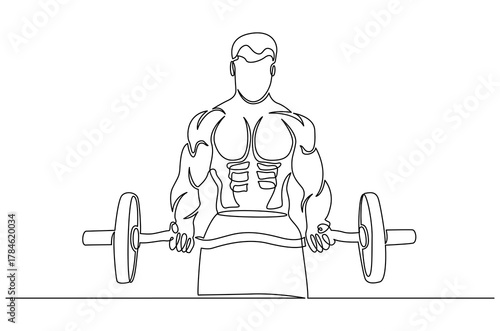 Continuous one line drawing of Young man bicep curls with a barbell. Single line drawing illustration of Man train biceps with barbell in gym. Strong man concept vector art. Doodle line illustration.
