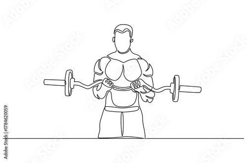 Continuous one line drawing of Young man bicep curls with a barbell. Single line drawing illustration of Man train biceps with barbell in gym. Strong man concept vector art. Doodle line illustration.