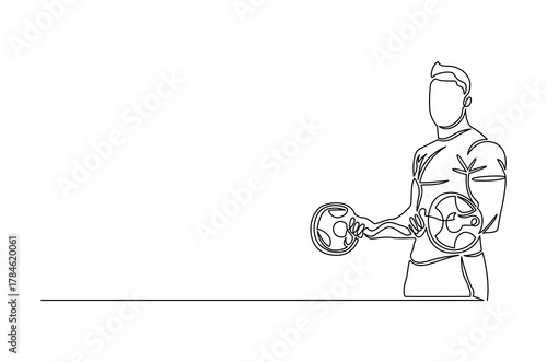 Continuous one line drawing of Young man bicep curls with a barbell. Single line drawing illustration of Man train biceps with barbell in gym. Strong man concept vector art. Doodle line illustration.