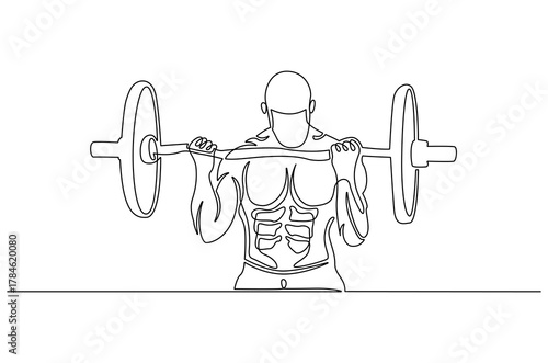 Continuous one line drawing of Young man bicep curls with a barbell. Single line drawing illustration of Man train biceps with barbell in gym. Strong man concept vector art. Doodle line illustration.