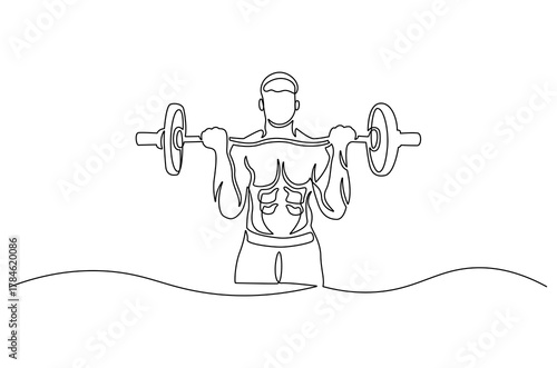 Continuous one line drawing of Young man bicep curls with a barbell. Single line drawing illustration of Man train biceps with barbell in gym. Strong man concept vector art. Doodle line illustration.
