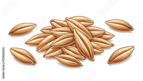 A pile of golden brown oat grains with a few scattered around