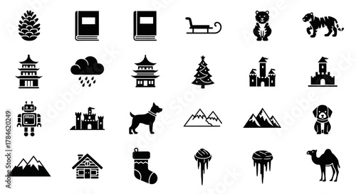 Black Silhouette Winter Holiday Elements Pinecone, Book, Sleigh, Snowman, Christmas Tree Icon Set