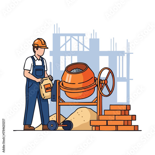 A construction worker in overalls stands near a cement mixer, preparing to add a bag of cement mix for building a new structure.