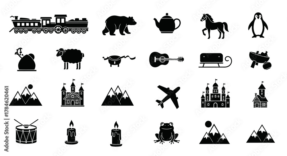 Naklejka premium Silhouette Icons Depicting Wildlife, Transportation, Music, and Festive Elements in Black