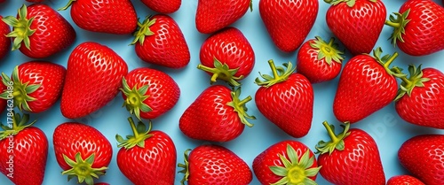 Vibrant red strawberries arranged in a repeating pattern, top-down view,  nature,  harvest