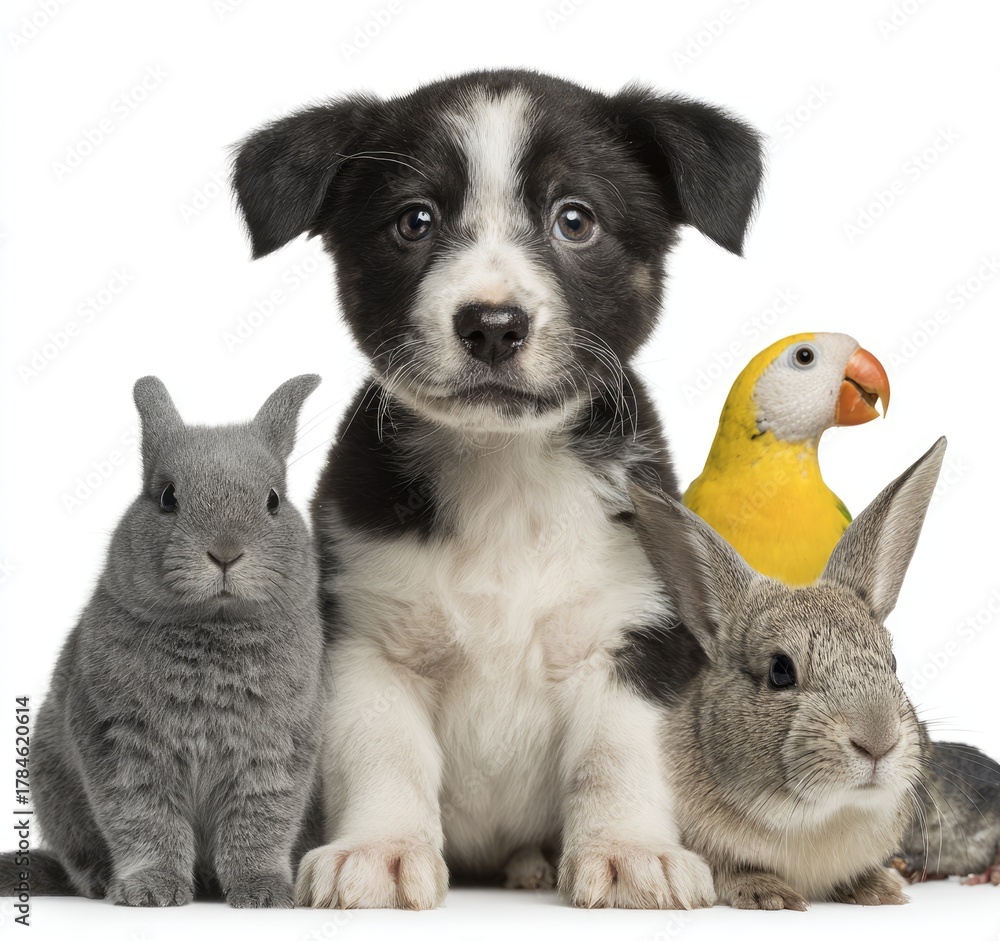 Fototapeta premium Cute pets, dog, rabbit, parrot, grouped