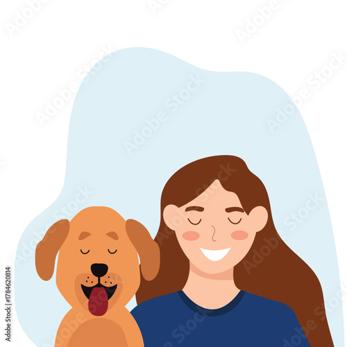 Young woman with cute dog portrait. Happy Pet and owner spending time together. vector illustration