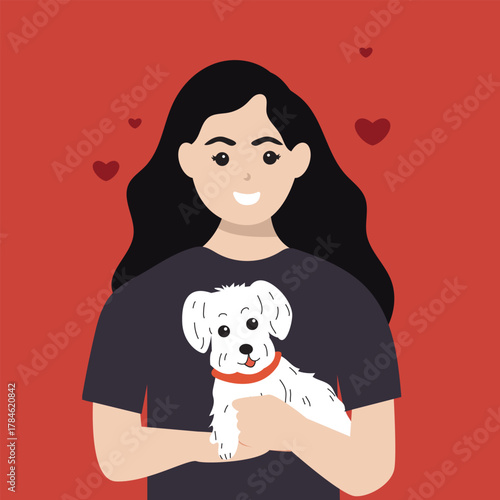 Young woman with cute dog portrait. Happy Pet and owner spending time together. vector illustration