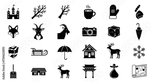 Winter Wonderland Vector Icons Collection Depicting Cold Season, Animals, and Festive Elements