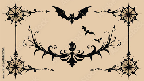Photos Halloween-themed vector design featuring a bat and intricate spider web against a dark background