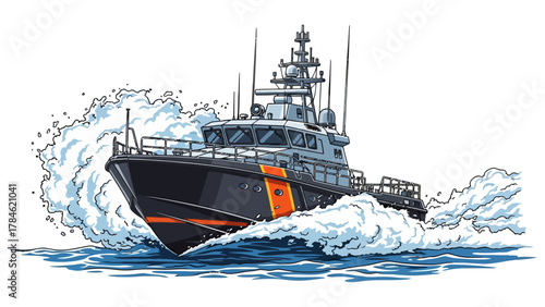 A pixel art illustration of a patrol boat cutting through choppy waves