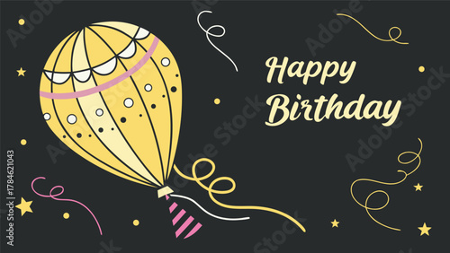 “Happy Birthday” illustration featuring 3D realistic golden air balloons floating on a deep black background