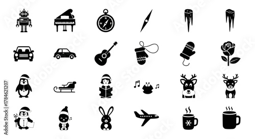 Collection of Vector Icons Featuring Christmas Symbols, Vehicles, and Animals with Black Theme