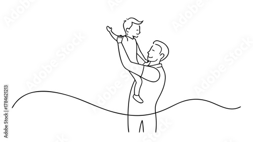 Continuous line art of a father and son, capturing the essence of their relationship through simple, flowing lines..eps