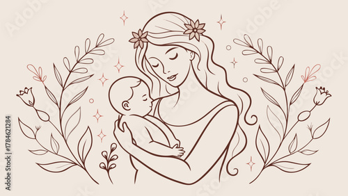 Illustration of a mother and baby framed by a lush floral design in a stock vector format..eps