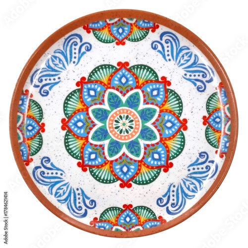 Top view of a ceramic plate with colorful intricate floral geometric mandala design, isolated on white background.