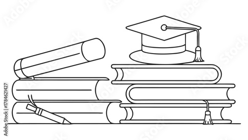 A graduation cap placed atop several books on a white background, representing education and scholarly success..eps