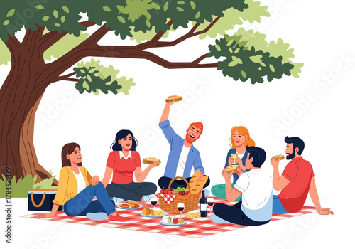 Illustration of a Group of Six Friends Happily Sharing Food on a Picnic Blanket Under a Shady Tree 