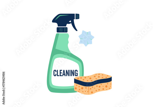 Illustration of a Cleaning Spray Bottle and Sponge for Household Chores and Cleanliness 