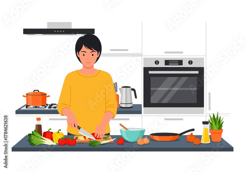 Illustration of a Man Wearing a Yellow Sweater Chopping Food Ingredients on a Gray Kitchen Counter 