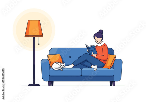 Illustration of a Woman Comfortably Seated on a Sofa with a White Cat on Her Feet While Reading a Book Under a Lamp Light 