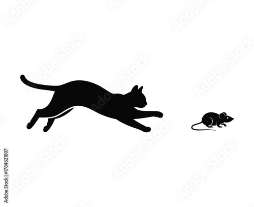 Jumping Cat Chasing Mouse Silhouette | Pet Predator Prey Vector