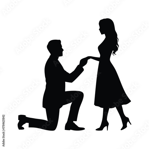 Man on Knee Proposing Marriage Silhouette | Romantic Couple Engagement Vector