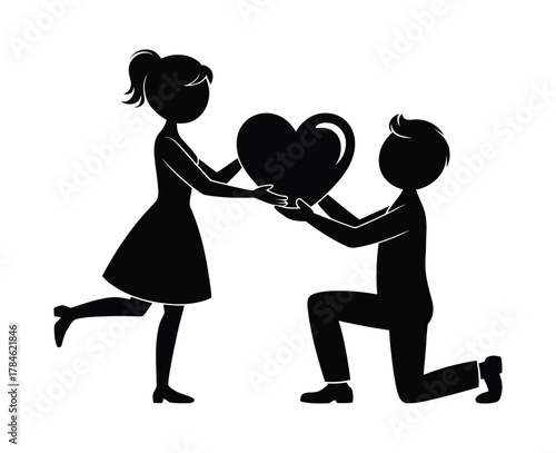 Man Kneeling Offering Heart to Woman Silhouette | Love Proposal Vector