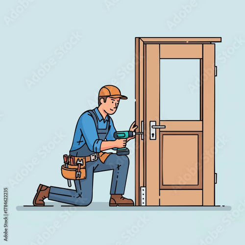 A skilled carpenter meticulously installs a door lock using a power drill, ensuring security and functionality for the home or building.