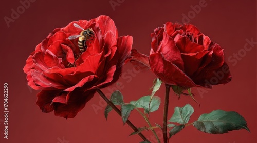 Two crimson roses, one with a bee, against a blurred reddish-brown backdrop