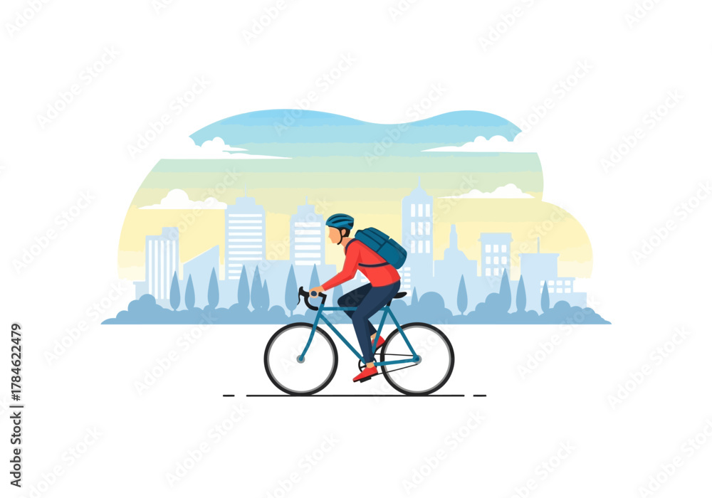 Fototapeta premium Illustration of a Man Wearing Red Clothes and a Helmet Cycling Across a City with a Skyscraper Background