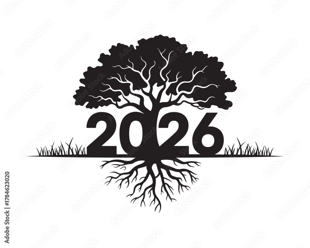Naklejka premium Year 2026 tree silhouette with roots and grass