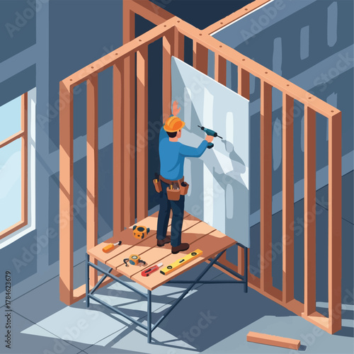 An isometric view depicts a construction worker installing drywall on a wooden frame, highlighting home renovation and building processes.
