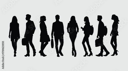 Silhouetted figures of diverse individuals walking, carrying bags, and interacting in various ways.