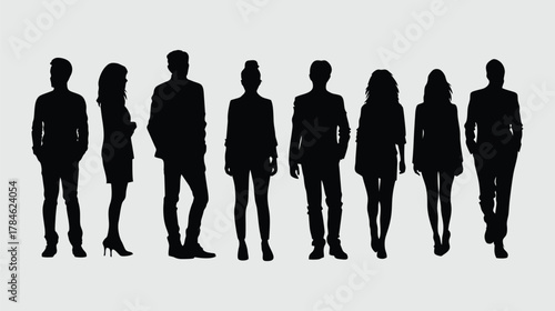 A diverse group of silhouetted individuals standing against a plain background.