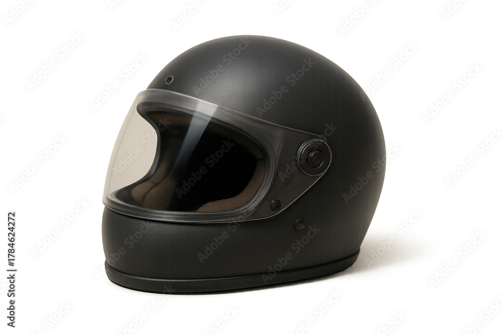 Fototapeta premium Vintage matte black motorcycle helmet providing safety and protection for bikers, rendered on a transparent background