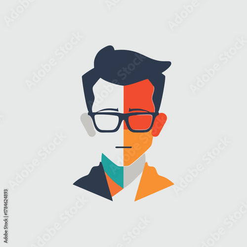 Stylized illustration of a man's face, split into geometric color blocks, wearing glasses.