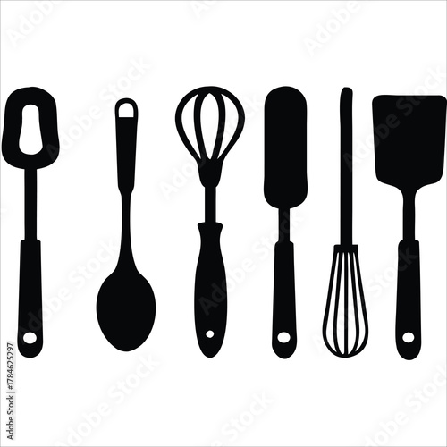 Minimalist black kitchen utensil icon set — modern cooking tools vector for kitchenware, restaurant menu, and culinary design collection.