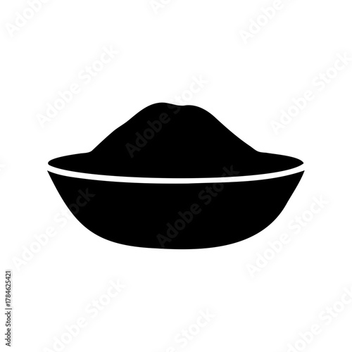 Black silhouette of a bowl filled with granular material on white background